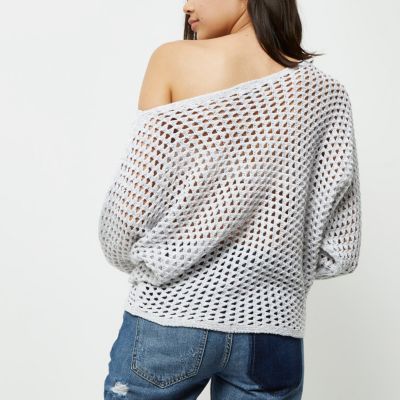 Grey mesh knit off shoulder batwing jumper